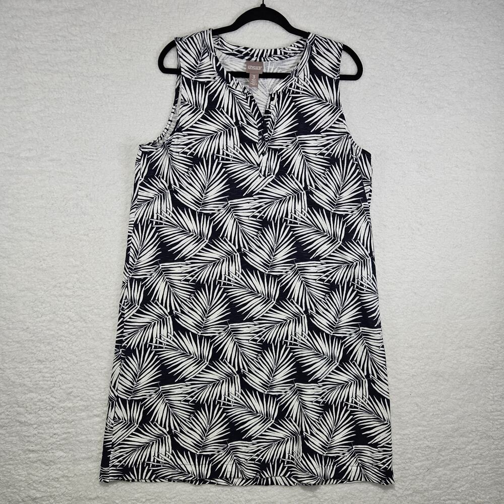 Chico's 100% Cotton Caribbean Palms Midi Button Neck Henley Tank Dress Women's 3